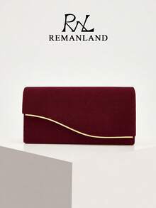 REMANLAND Vintage Burgundy Velvet Clutch, Elegant Envelope Wallet With Curved Gold Trim, Exquisite Evening Bag For Weddings, Dinners, Parties And Formal Occasions - Burgundy - View 8