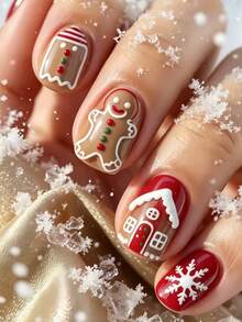 24pcs Short European-Style Square Fake Nails, Christmas Snowflakes, Gingerbread Men, Candy House Stripes. Full Coverage, Removable Nail Set, Suitable For Parties, Dances, And Everyday Wear. - Multicolor - View 8