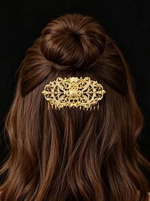 1Pc Vintage Gold Hollow Carved Hair Comb, Ornate Scroll Embossed Hair Insert Comb, Elegant Hair Accessory For Women Wedding Banquet - Gold - View 6