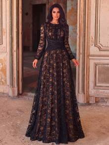 Gaun Malam Lengan Panjang Berenda Hitam yang Menawan, Desain Leher Perahu, Detail Lipit, Hem Mengembang, Cocok untuk Acara Formal - Hitam - View 9