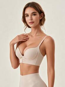 Lilivine Women's Seamless Push-Up Bra, Strong Lift, Wire-Free For Large Bust, Makes Bust Look Smaller, Back Button, Anti-Sagging, Comfy - Apricot - View 4