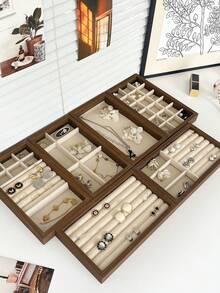 6/1pc Wooden Velvet Jewelry Tray, Jewelry Storage & Display Tray, Drawer-Style Earring Storage Box, Stackable Jewelry Storage Tray, Multi-Functional Jewelry Display Tray, Portable Multi-Purpose Storage Box, Desk Drawer Organizer - Multicolor - View 3