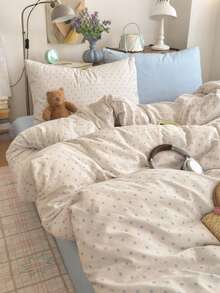 4件套奶油色與淺藍色波點印花床上用品套裝，對比枕套設計，柔軟舒適四季通用，包含1件被套、1件床單、2件枕套，不含填充物，適用於宿舍、臥室、居家使用，多種尺寸可選 - 藍白色 - 查看 7