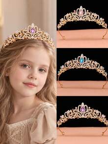 1pc Kids Girls Princess Crown Headband, Gold Rhinestone Tiara With Colorful Gemstones For Birthday, School Performance, Wedding Flower Girl, Photo Day - Multicolor - View 1