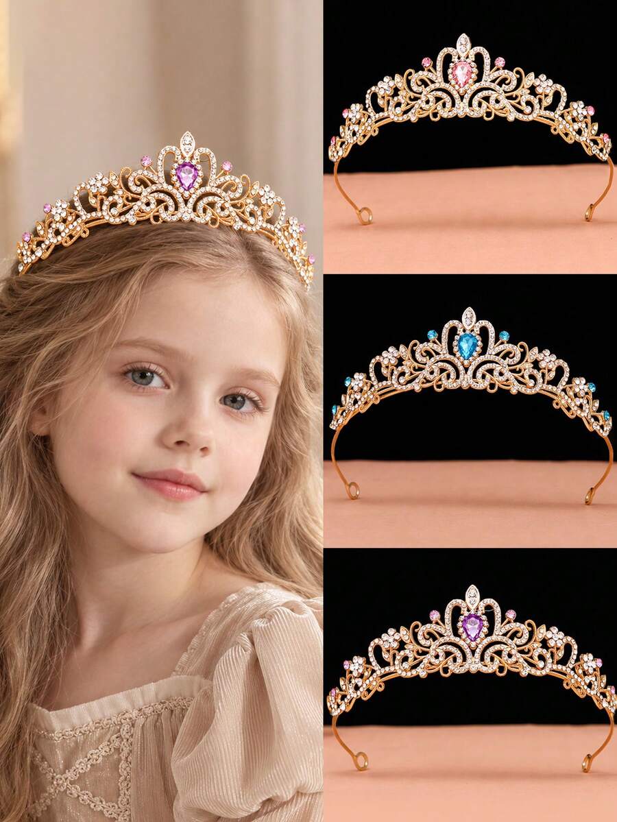 1pc Kids Girls Princess Crown Headband, Gold Rhinestone Tiara With Colorful Gemstones For Birthday, School Performance, Wedding Flower Girl, Photo Day - Multicolor - View 1
