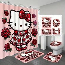 SANRIO Halloween Theme 2D Printed Hello Kitty 4-Piece Bathroom Set, Cute Gothic Style Cartoon Cat Waterproof Shower Curtain Full Set Bathroom Mat Set, Non-Slip Bathroom Rug, Toilet Lid Cover, Holiday Home Decor - Shower Curtain and Bath Mat - View 1
