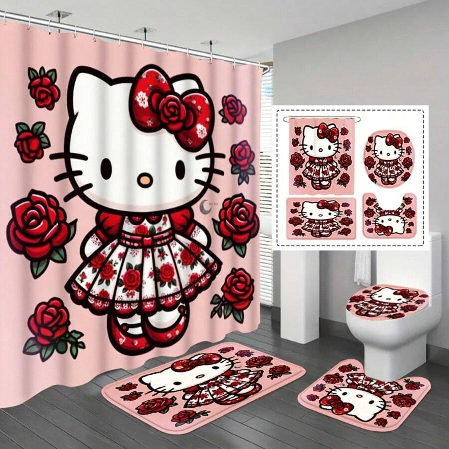 SANRIO Halloween Theme 2D Printed Hello Kitty 4-Piece Bathroom Set, Cute Gothic Style Cartoon Cat Waterproof Shower Curtain Full Set Bathroom Mat Set, Non-Slip Bathroom Rug, Toilet Lid Cover, Holiday Home Decor - Shower Curtain and Bath Mat - View 1