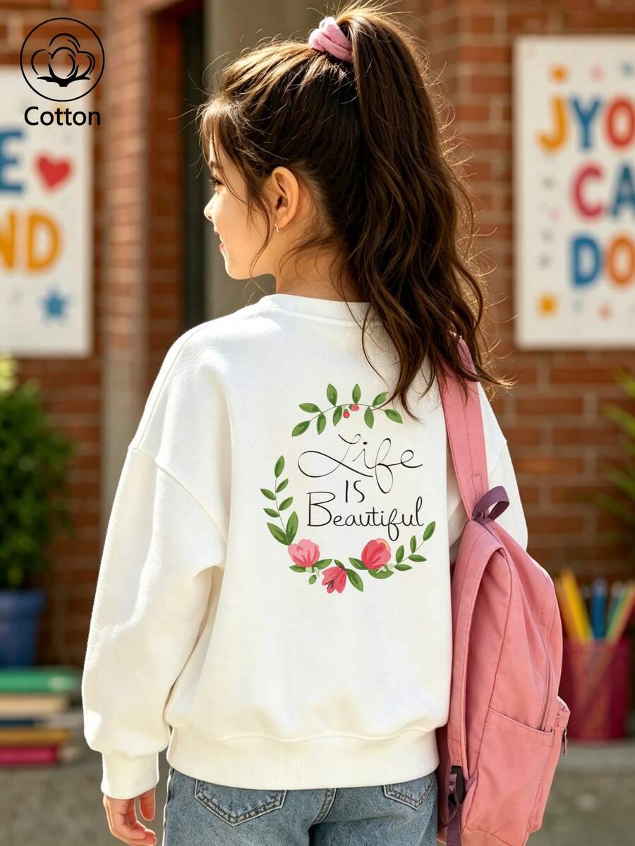 Life Is Beautiful Floral Wreath Artistic Sweatshirt - White - View 1