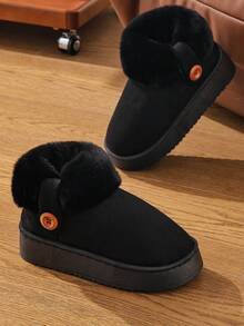 Sepatu Bot Salju Tebal Wanita Minimalis Warna Polos Musim Gugur/Musim Dingin Hangat Sol Lembut untuk Dalam/Luar Ruangan - Hitam - View 4