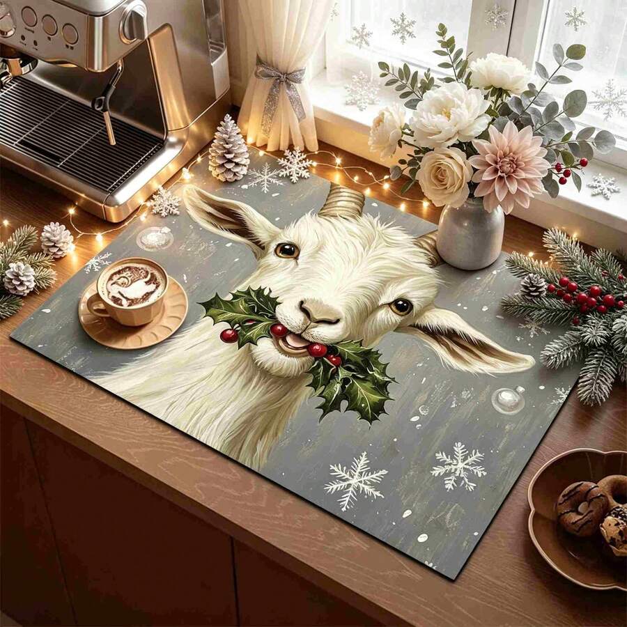 1pc Christmas Series Christmas Lamb Holly Snowflake Pattern Printed Coffee Bar Mat, Drainage Mat, Coffee Machine Soft Bottom Diatom Mud Drainage Mat, Soft Rubber Drainage Mat, Super Absorbent Wear-Resistant Dish Drying Mat, For Countertop Restaurant Kitchen Table Mat, Patio Dining Table Decor, Home Kitchen Supplies, Countertop Decor Mat