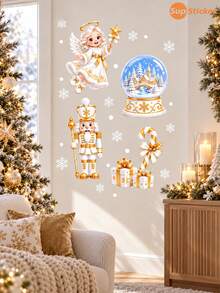 SUPSTICKER Set Stiker Jendela Natal, 8 Pola, Dekorasi Jendela Rumah Transparan Putih & Emas: Santa, Manusia Salju, Rusa Kutub, Pohon, dan Kepingan Salju - Natal - View 8