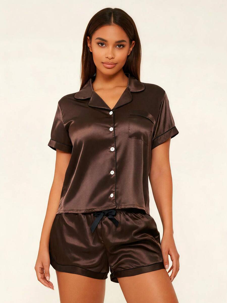 Lilivine 2pcs Satin Pajama Set, Short Sleeve Collared Top And Bow Shorts, Women Sleepwear Loungewear - Coffee Brown - View 1