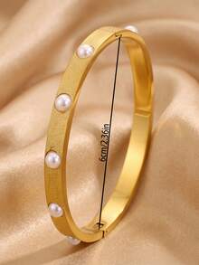 3/1pcsGold-Tone Stainless Steel Bangle, Matte Pearl, Rectangular Zirconia & Clover Embellishment, Elegant Statement Adornment - Gold - View 6