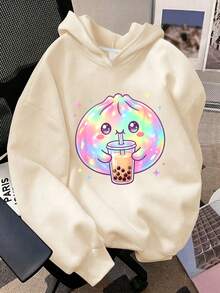 1pc Girls Milk Tea Steamed Bun Print Pullover Sweatshirt, Long Sleeve Design, Suitable For Autumn/Winter - Apricot - View 2