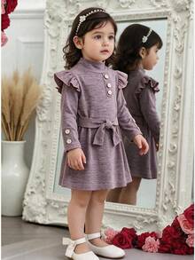 2pcs Baby Girl Soft Comfortable Half-High Neck Ruffle Edge Button Decor Long Sleeve A-Line Dress With Detachable Waist Tie, Spring/Autumn - Mauve Purple - View 1