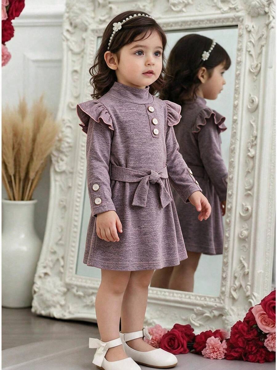 2pcs Baby Girl Soft Comfortable Half-High Neck Ruffle Edge Button Decor Long Sleeve A-Line Dress With Detachable Waist Tie, Spring/Autumn - Mauve Purple - View 1