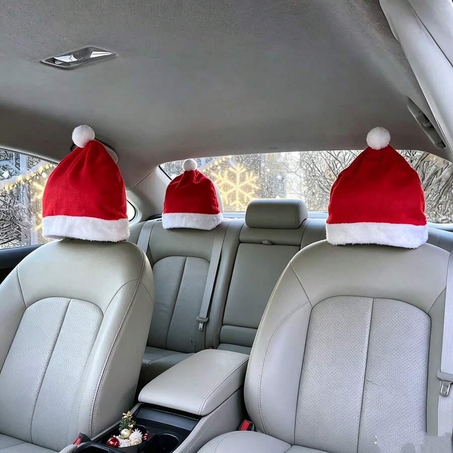 2pcs/Set Car Headrest Santa Hat, Christmas Car Seat Head Cover, Red Santa Hat With White Plush Trim, Xmas Auto Interior Decoration For Holiday Party - Red - View 1