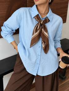 Kemeja Wanita Ukuran Besar Warna Biru Langit Bahan Linen Lengan Panjang dengan Kancing Depan, Potongan Longgar, Lembut, Bernapas, Ringan, Atasan Kasual - Biru langit - View 4