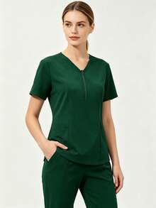 Solid Color Short Sleeve Multi-Pocket Set, Women's Professional Fashion Commuter Workwear, Beauty Salon Pet Store Uniform - Dark Green - View 7