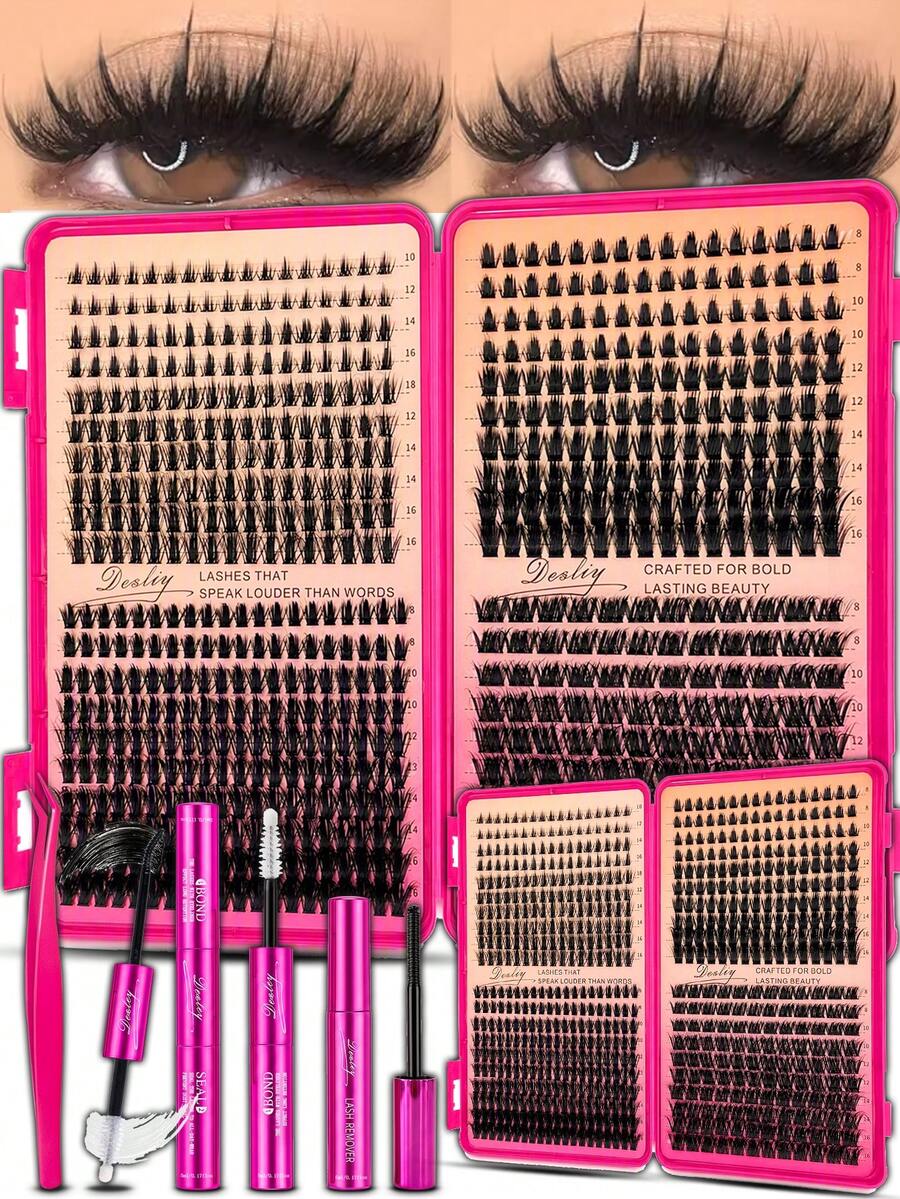 Set Bulu Mata Palsu Campuran Desliy, Kit Ekstensi Bulu Mata Lengkap dengan Perekat, Penyegel, Penghapus, dan Pinset, Bulu Mata Palsu Halus dan Lembut Lengkung D 8-16mm, Efek Riasan Berkualitas Salon DIY - Rose Red - View 1