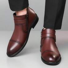 Men's Plus Size Buckle Ankle Boots With Side Zipper, Smooth Leather Upper, Round Toe, Low Chunky Heel, Business Formal Dress Shoes - Brown - View 6