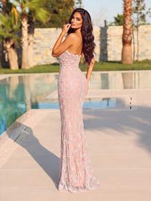 Elegant Mermaid Strapless Evening Gown - Exquisite Embroidered Sequin Formal Dress Fall Wedding Party - Dusty Pink - View 3