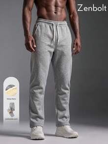 Zenbolt Winter Men's Fleece-Lined Straight-Leg Pants Featuring An Elastic Drawstring Waist; Suitable For Workouts, Lounging At Home, And Casual Wear. - Grey - View 1