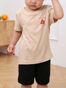 Baby Girl "Farmers Market" Tomato Print Short Sleeve T-Shirt, Casual Round Neck Top - Apricot - View 4