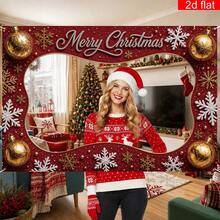 Banner Latar Belakang Potongan Wajah Natal Datar 2D, Kereta Natal, Siluet Wajah Peri dan Santa Claus untuk Properti Foto - A - View 5