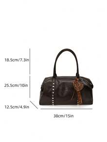 Tas Bahu Retro Wanita Kapasitas Besar, Tas Hobo Dekorasi Rivet Timbul Huruf dengan Liontin Hati Leopard, Tas Tote Kasual untuk Komuter - MultiWarna - View 12