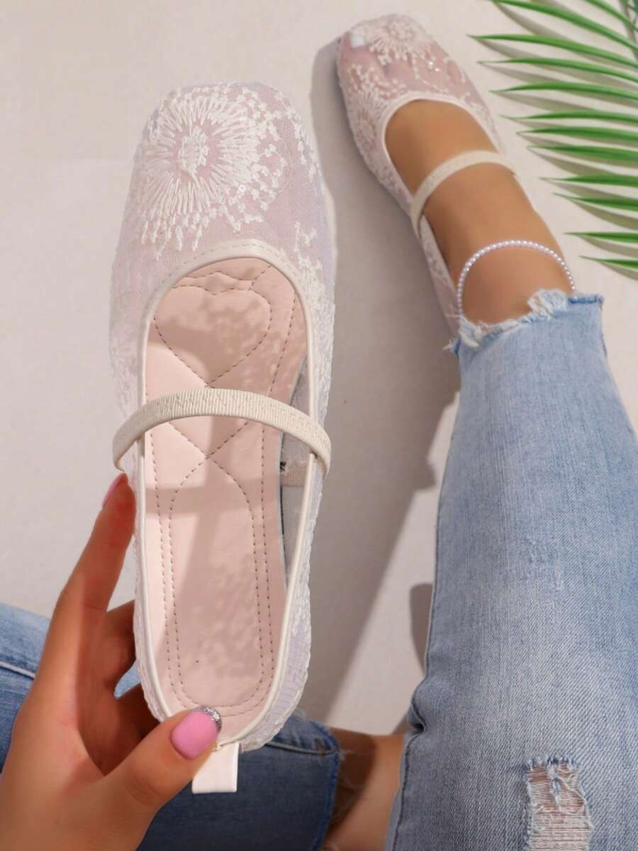 Women's Fashion Sequin Lace Mesh Mary Jane Flat Shoes, Square Toe Single Strap Slip-On Daily Commute Shoes - White - View 1