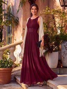 EVERPRETTY Elegant Romantic Chiffon Open Back Ruffle Vintage Burgundy Bridesmaid Dress, Suitable For Wedding, Autumn/Winter Wedding Guest And Semi-Formal Occasion Birthday Party - Burgundy - View 10