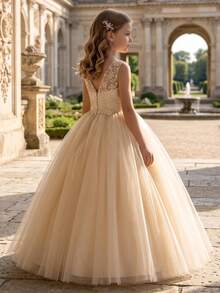 Elegante vestido de tul color champán para niña de las flores con espalda abierta, bordado floral de encaje, vestido largo de malla, vestido para niñas, vestido de princesa, vestido de noche, vestido de graduación, fiesta, adulto, fiesta de cumpleaños, niña de las flores de boda, disfraz de concurso - Champán - Ver 4