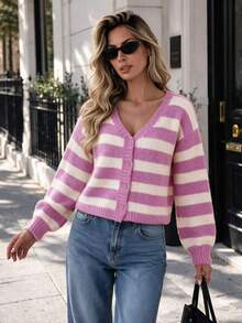 Soft Pink & White Striped Knit Cardigan, V-Neck Single-Breasted Loose Slimming Sweater - Multicolor - View 3