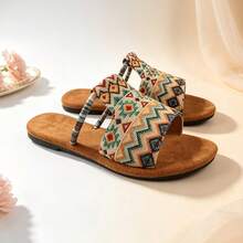 Vintage Geometric Print Woven Strap Flat Slip-On Sandals For Women, Beach Vacation Outdoor Wear And Home Slippers - Multicolor - View 3