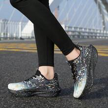 Sepatu Olahraga Pria dan Wanita Ukuran Besar Motif Abstrak Bercak Tinta, Permukaan Rajutan Gradien Pudar, Bertali, Sol Tebal Berkontur, Sepatu Sneaker Cross-Train Bergaya - Hitam - View 8