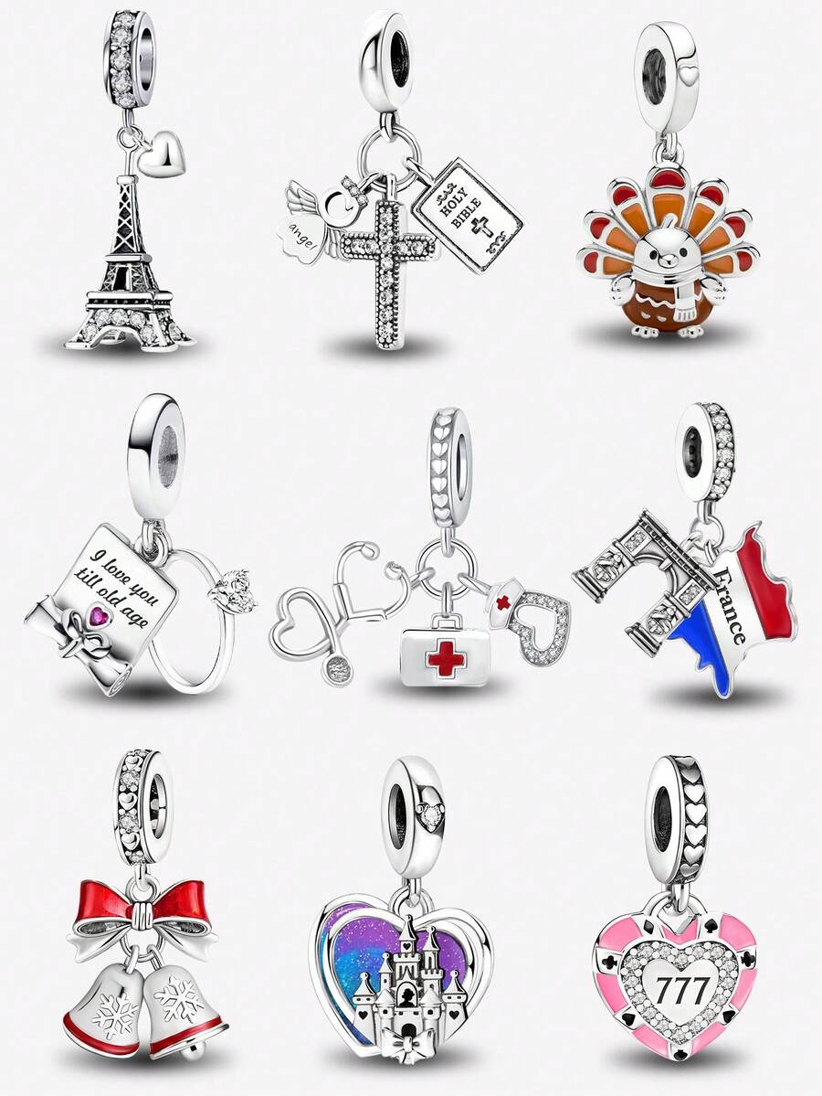 1pc Heart-Shaped Rhinestone Eiffel Tower Pendant Bead For Bracelet DIY, Women's Jewelry Daily Matching Decoration, Girls Accessory - Silver - View 1
