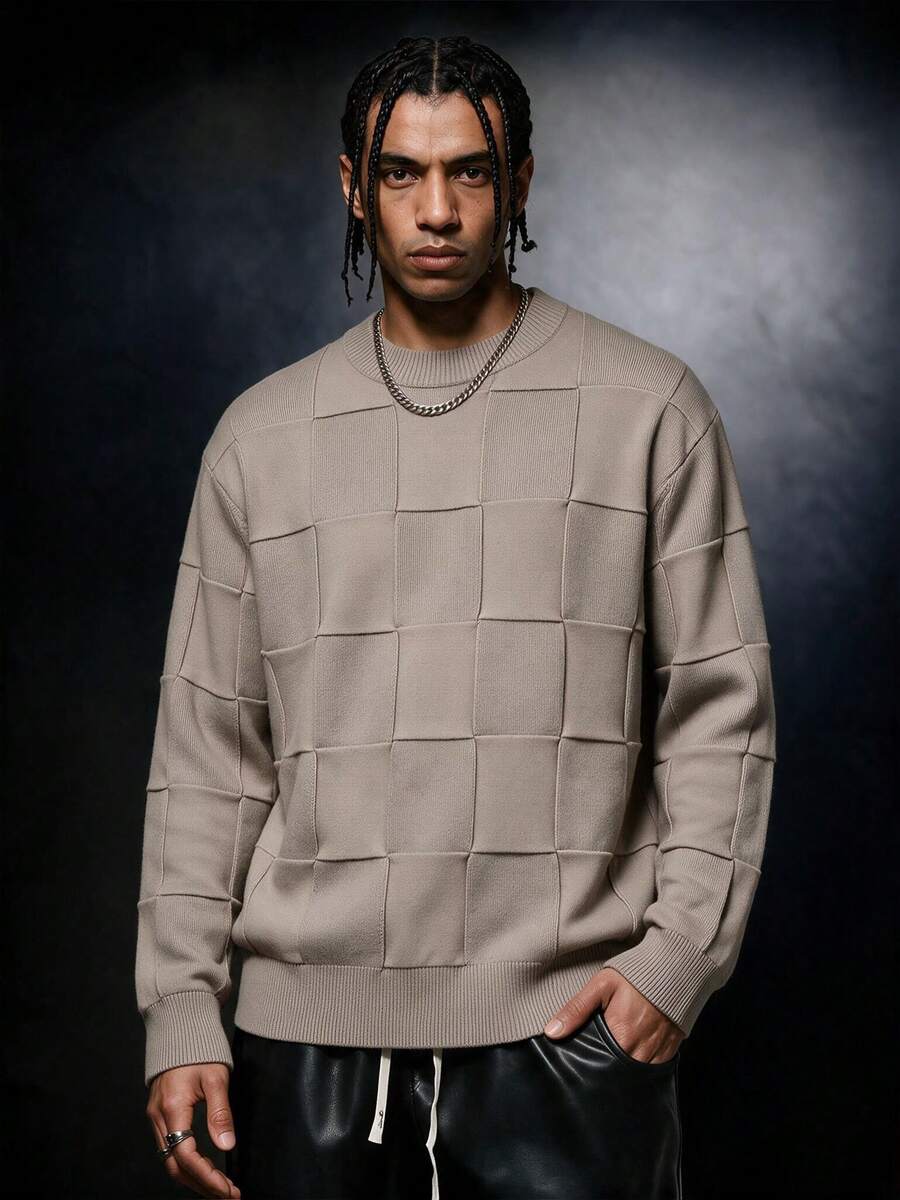 SU ER 1pc Men's Casual Knit Sweater, Autumn/Winter - Khaki - View 1