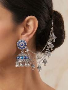 優雅水鑽金色 Jhumka 耳環附流蘇髮鏈，傳統中東大耳環，適合婚禮珠寶或派對穿著 - 花朵款吊墜耳環 - 查看 3