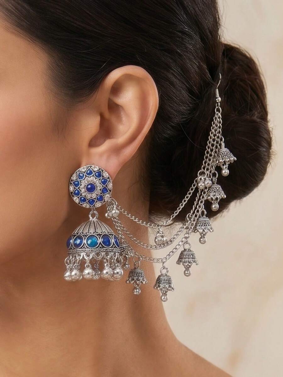 Elegant Rhinestone Gold Jhumka Earrings With Tassel Hair Chain, Traditional Middle Eastern Large Earrings, Suitable For Wedding Jewelry Or Party Wear