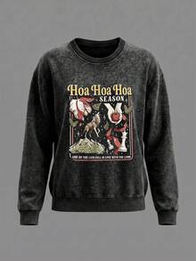 Plus Size Women's Round Neck Long Sleeve Wolf Pack Vintage Style Graphic Sweatshirt, Suitable For Book Lovers - Black - View 1