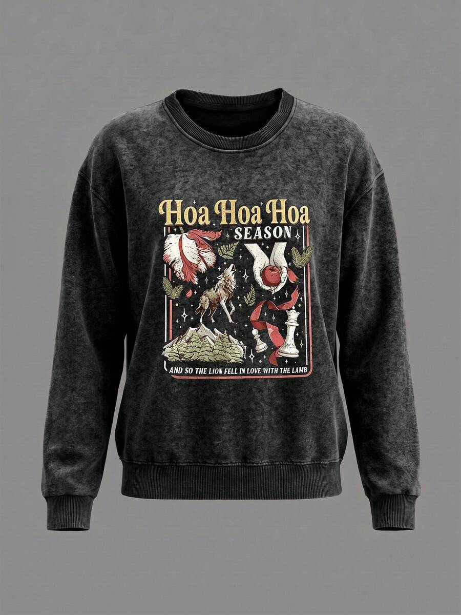 Plus Size Women's Round Neck Long Sleeve Wolf Pack Vintage Style Graphic Sweatshirt, Suitable For Book Lovers - Black - View 1