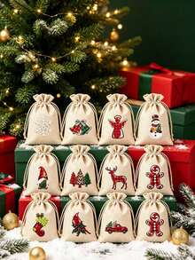 8pcs/Set Christmas Linen Drawstring Gift Bags, Plaid Christmas Print Reusable Linen Bags, Suitable For Holiday Gift Packaging And Party Decoration - Multicolor - View 1