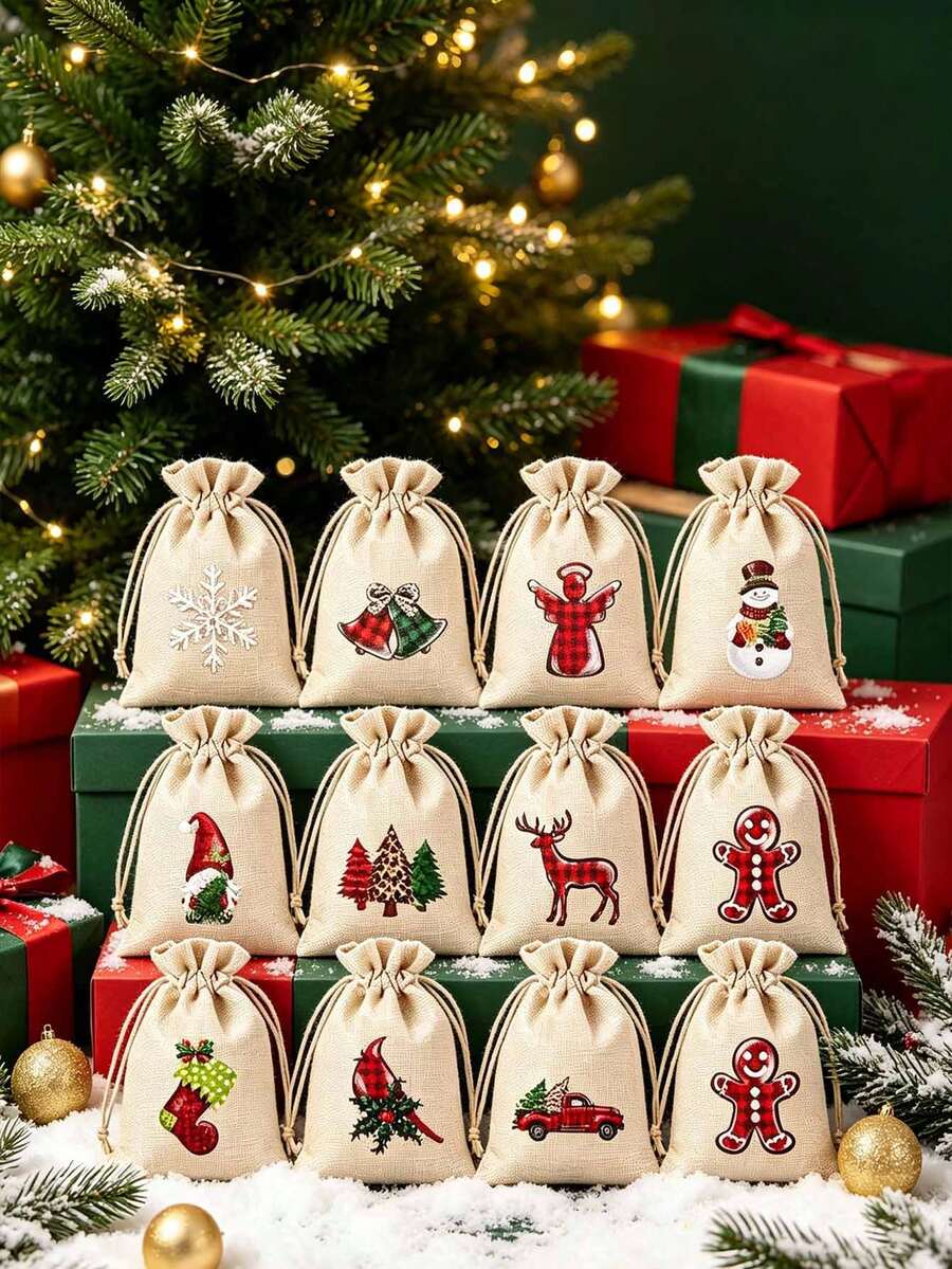 8pcs/Set Christmas Linen Drawstring Gift Bags, Plaid Christmas Print Reusable Linen Bags, Suitable For Holiday Gift Packaging And Party Decoration - Multicolor - View 1