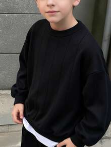 Boys Solid Black Crew Neck Vertical Rib Knit Sweater, Fall Winter Preppy Long Sleeve Jumper For School Daily Wear - Black - View 2
