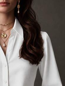 Plus Size Elegant French Style Solid Color Long Sleeve Blouse, All Season Versatile Casual Women's Shirt, White - White - View 4