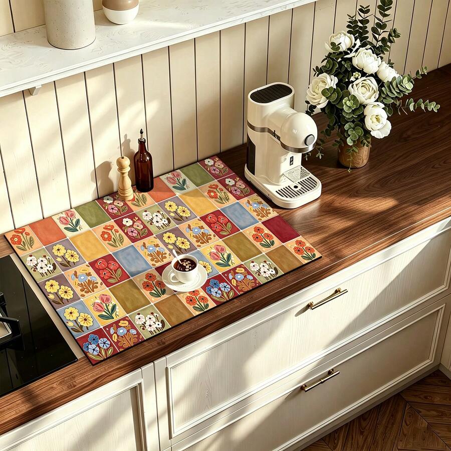 [New Thickened]Kitchen Dish Drying Mat, Dining Table Mat, Absorbent Mat, Countertop Dish Mat, No-Wash Table Mat, Bowl & Plate Drying Mat, 3.6mm Thickness - Floral Small Checkered a - View 1