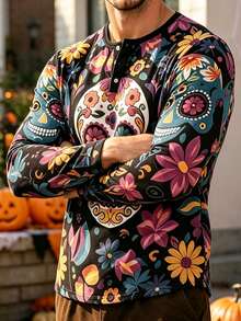 Men's Autumn/Winter Halloween Day Of The Dead Candy Skull Floral Button Long Sleeve T-Shirt - Multicolor - View 4