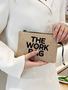 大容量工作托特包套組，黑色字母「THE WORK BAG」，多功能收納包，極簡風格專業女性托特包，休閒日常與商務旅行包，新工作祝賀禮物，獨特聖誕禮物，亞麻手柄托特包與手提帶化妝包，旅行、度假、野餐、超市購物、日常攜帶，生日禮物，返校季，女性時尚帆布拉鍊手提包－優質購物選擇 - 彩色 - 查看 12