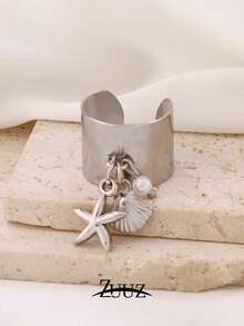 1pc Stainless Steel Pearl Shell Starfish Pendant Ring For Women Fashion Ocean Style Round Open Rings Jewelry - Ring - View 2